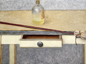 Avigdor Aikha. Tiento, Botella y Cajn abierto, 3 noviembre 1981. (Mahlstick, Bottle and Open Drawer, 3rd november 1981). leo sobre tela, 81 x 60 cm. Coleccin Privada