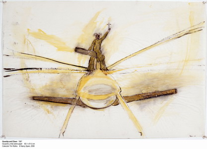 Gunship and Clown. 1967. Gouache y tinta sobre papel. 60,1 x 91,5 cm. Coleccin Tim Rollins  Nancy Spero, 2008