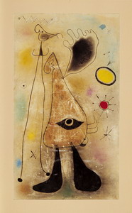 Joan Mir. Personajes delante del sol, 1942. (Personnages devant le soleil). Pastel, tinta china, gouache, acuarela, lpiz graso y resinas sobre cartulina, 102,8 x 59,9 cm. Coleccin privada