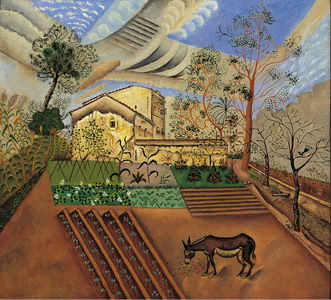 Joan Mir. Huerto con asno, 1918. (Hort amb ase). leo sobre lienzo, 60 x 70 cm. Moderna Museet, Estocolmo