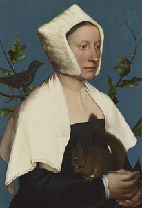 Dama con una ardilla y un estornino (Anna Novell?). Hans Holbein. leo sobre tabla, 56 x 38.8 cm. Londres, The National Gallery