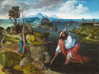 Paisaje con San Cristbal. leo sobre  tabla, 127 x 172 cm. c. 1520-1524. Patrimonio Nacional, El Escorial